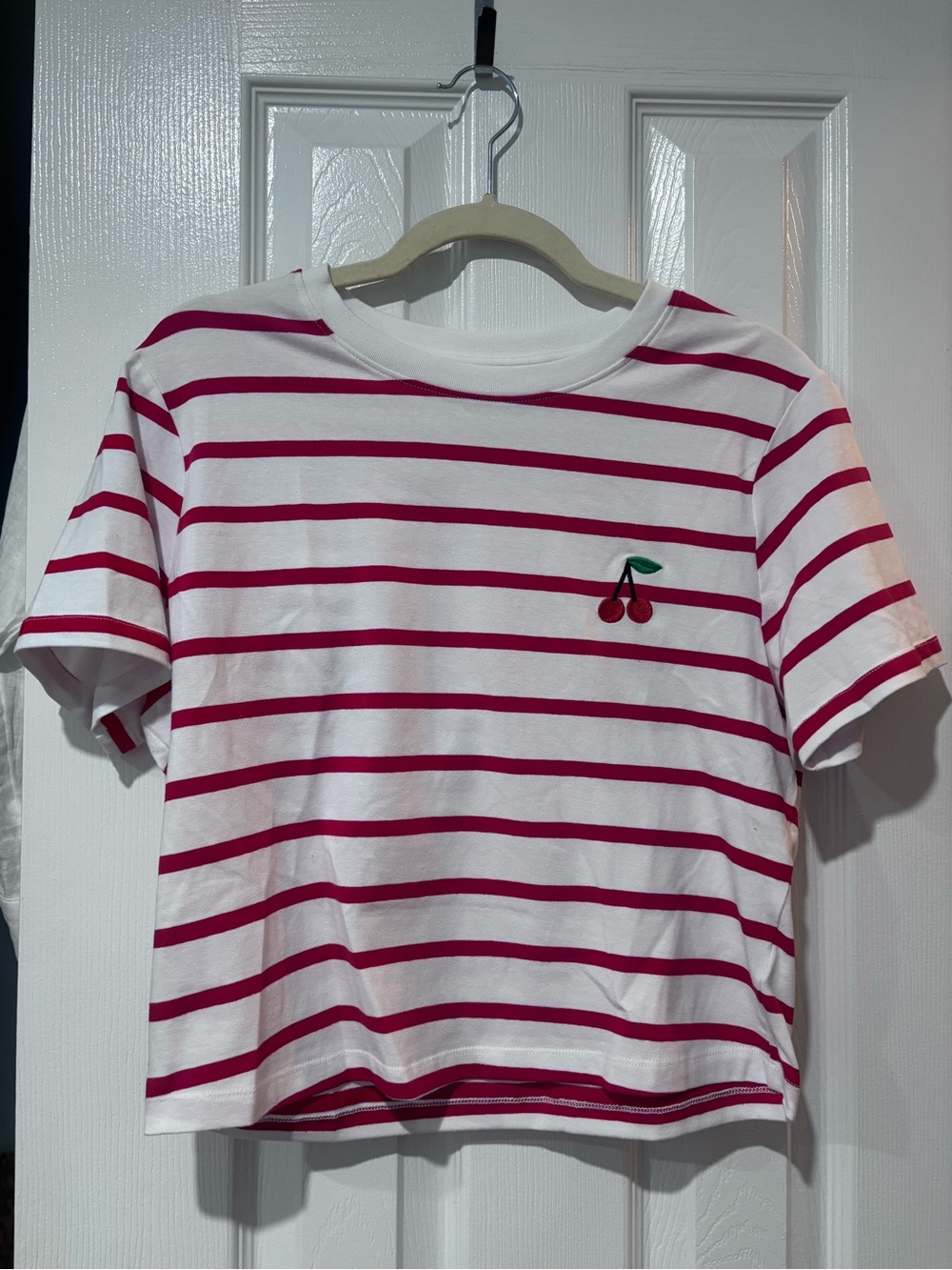 French Connection White Tee with Pink Stripes & Cherry Patch